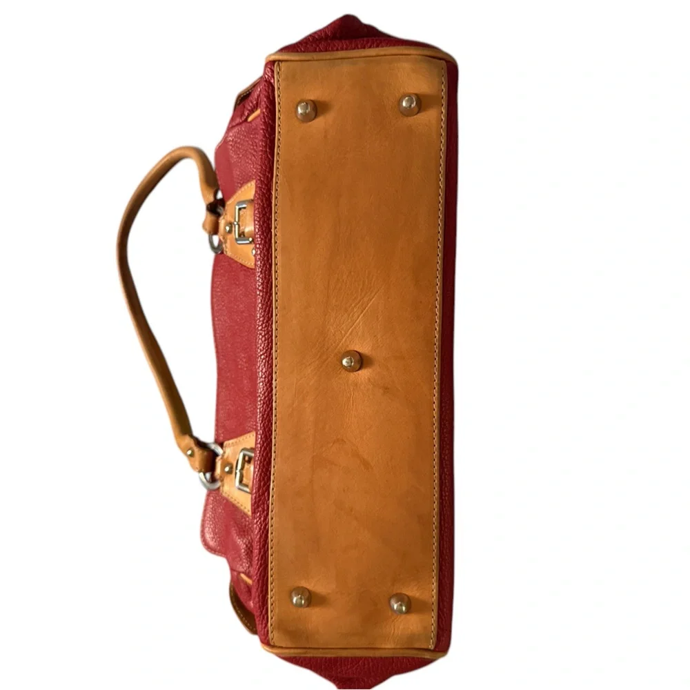 Red and Tan Leather Structured Shoulder Bag with Handles - Picture 12 of 13